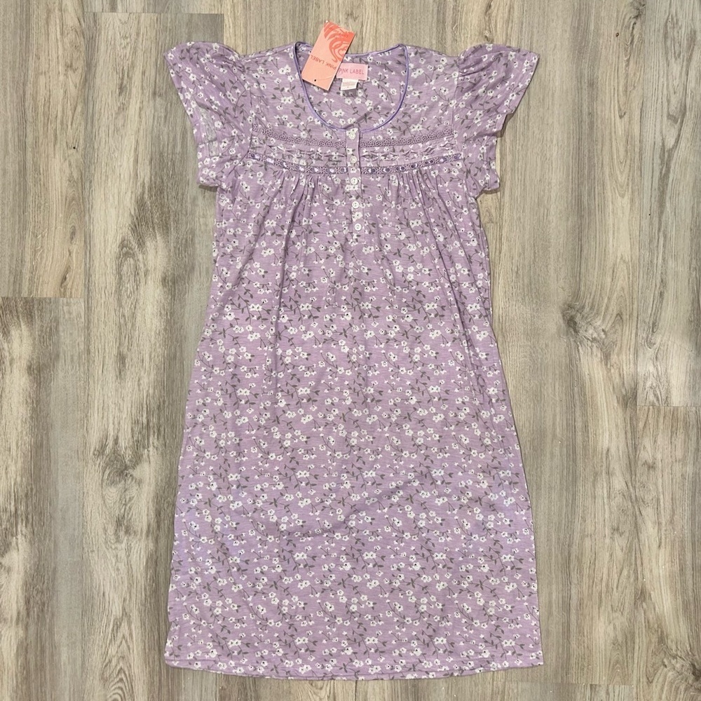 NWT Pink Label Modest Lavender Floral Nightgown Short Sleeve Sleep Gown Size M